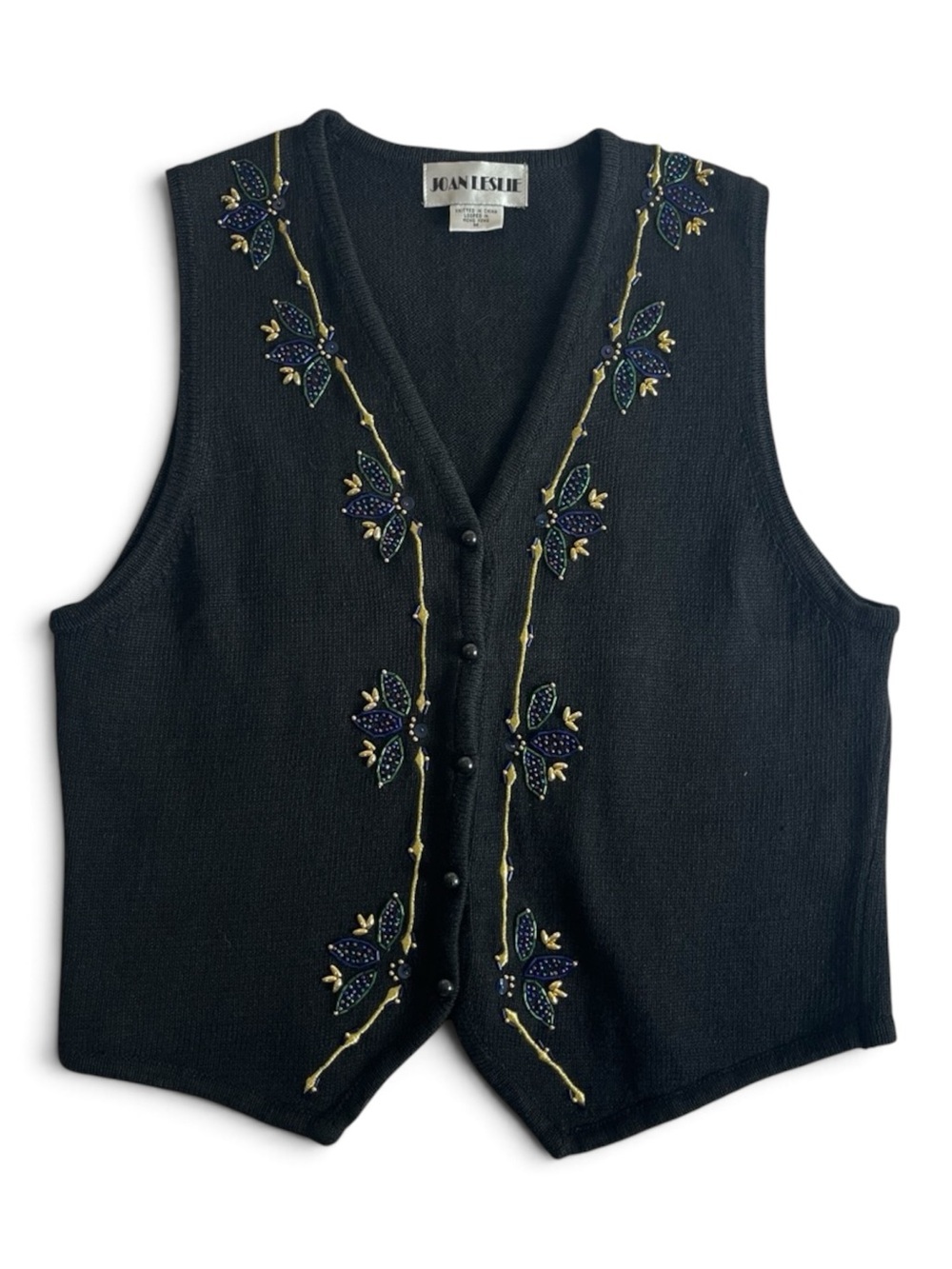 Vintage Joan Leslie black embroidered vest grandpa chic cottage core women’s